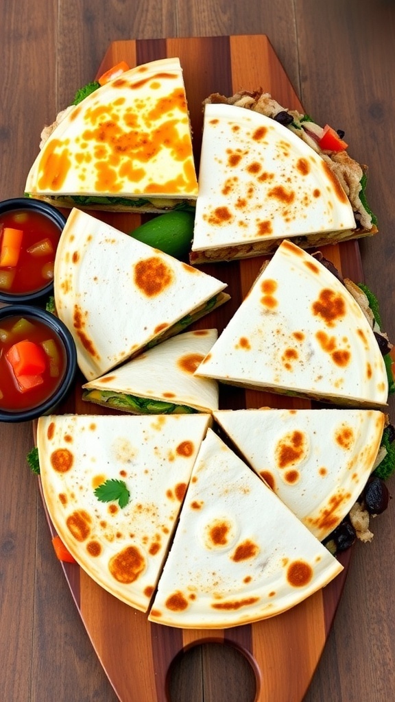 Five Delicious Quesadilla Recipes Five different quesadillas on a platter, showcasing various fillings with salsa and guacamole.